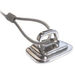 Silver metal security anchor point with a sturdy base and a curved locking mechanism, designed for anti-theft protection.