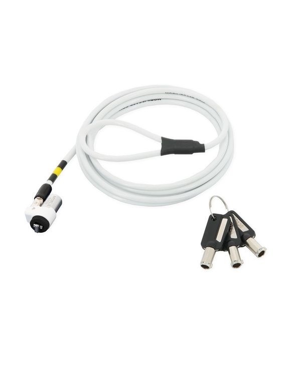 Slim white security lock with a rotating mechanism, featuring a black plastic head and three keys attached, designed for enhanced protection.