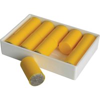 Yellow Monument 1470F smoke pellets in a white rectangular tray, cylindrical shape with flat ends.