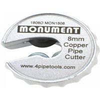 Silver Monument 1808O copper pipe cutter, circular design, 8mm size, with engraved branding and website.