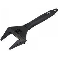 Black Monument wide jaw adjustable wrench, 300mm, with rubber grip handle and hole for hanging.