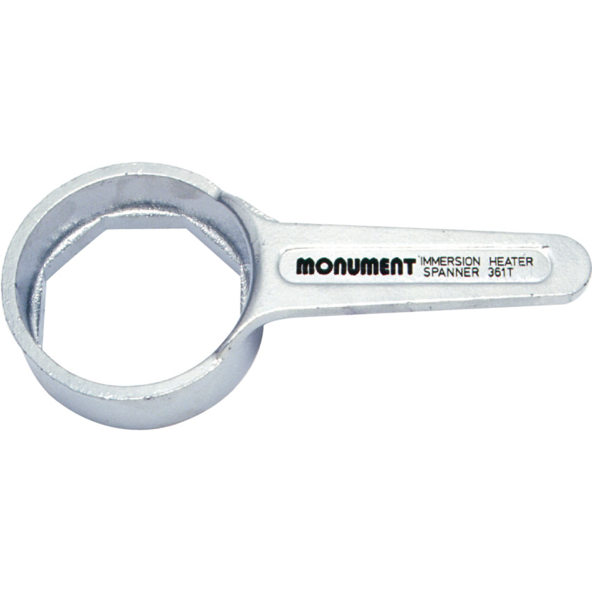 Silver metal spanner with a circular head designed for immersion heater fittings, featuring the engraved text "MONUMENT IMMERSION SPANNER 361T."