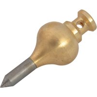 Brass Monument plumb bob with rounded body and pointed steel tip.