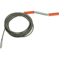 Coiled metal snake auger with red handles and a flexible, spiraled end for unclogging drains and sinks.