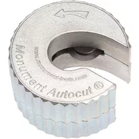 "Silver Monument Pipe Cutter 15mm Autocut with a circular design and engraved logo on the side"