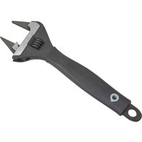 Black Monument Thin Jaw Adjustable Spanner with silver jaws and ergonomic handle featuring a hanging hole.