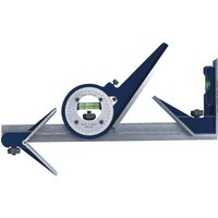 Moore and Wright metric precision combination set with blue protractor head, spirit level, and steel ruler.