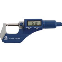 Blue Moore and Wright digital micrometer with LCD display, silver spindle, and measurement range markings.