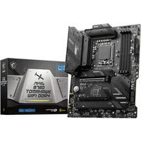 Black MSI MAG B760 TOMAHAWK WIFI DDR4 motherboard with heatsinks, LGA 1700 socket, ATX form, next to branded box.