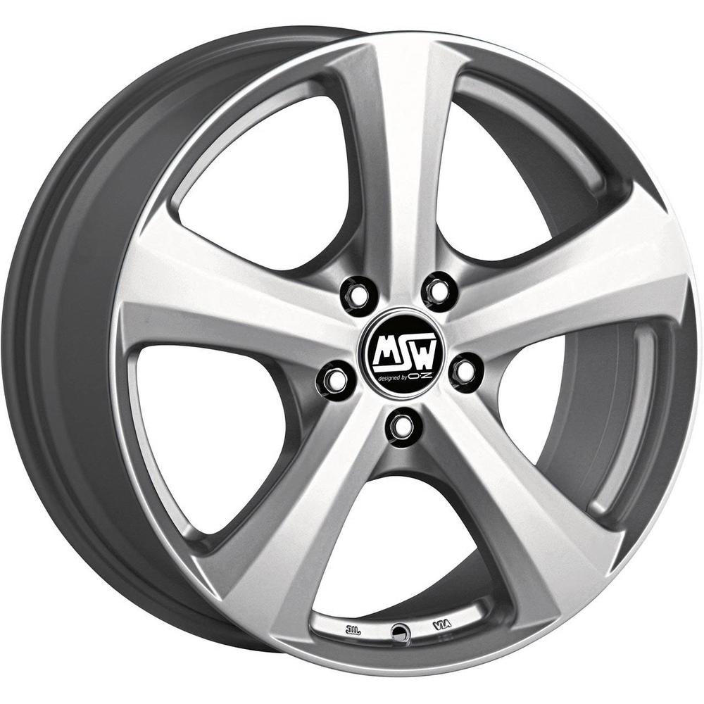Full silver MSW 19 alloy wheel, 16x7 inch size, featuring a five-spoke design, ET45 offset, 5x114.30 PCD, and 73mm centre bore, showcasing a sleek, modern finish.