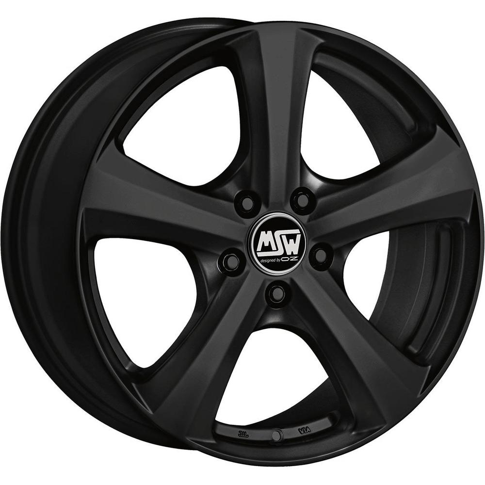 MSW 19 alloy wheel in matte black finish, featuring a five-spoke design, 17x8 inch size, ET35 offset, 5x112 PCD, and 73mm center bore, sold as a set of four.