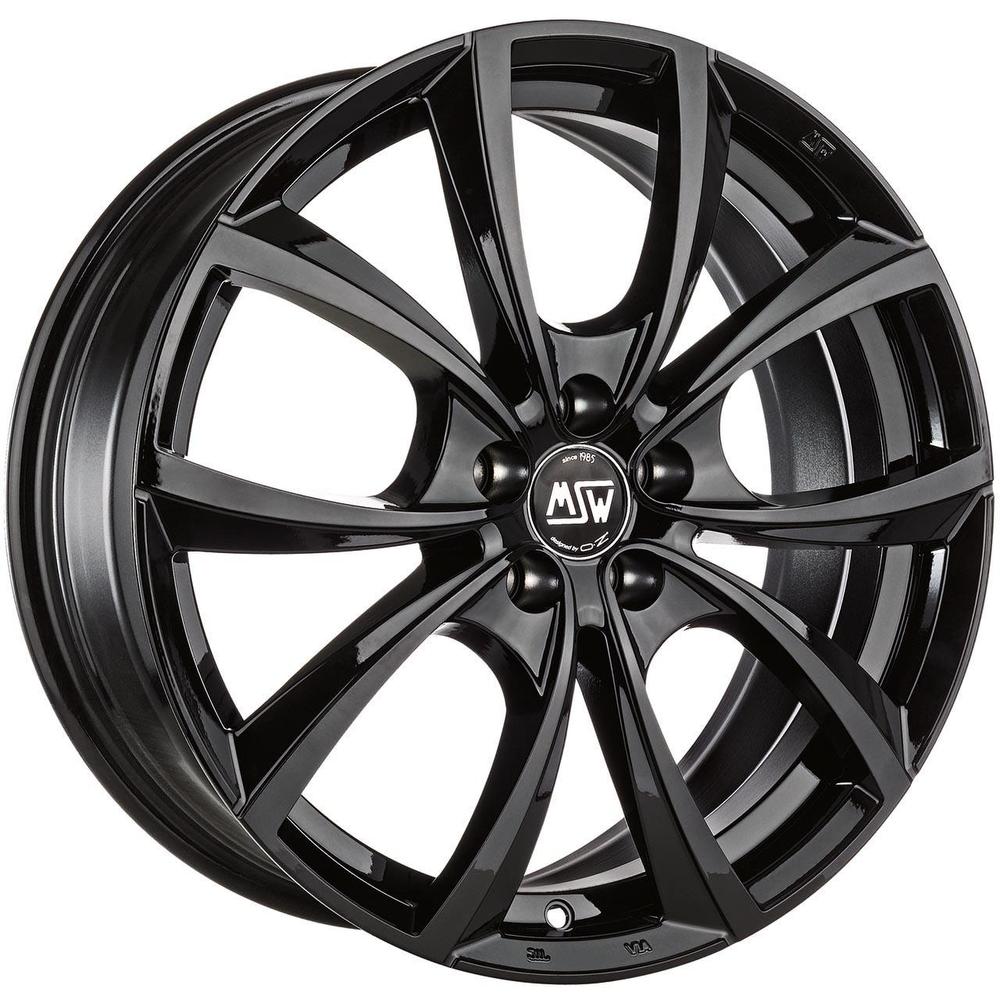 Gloss black MSW 27 alloy wheel featuring a sleek design with five split spokes, measuring 17x7.5 inches, ET35 offset, 5x100 PCD, and a 63.3mm centre bore.