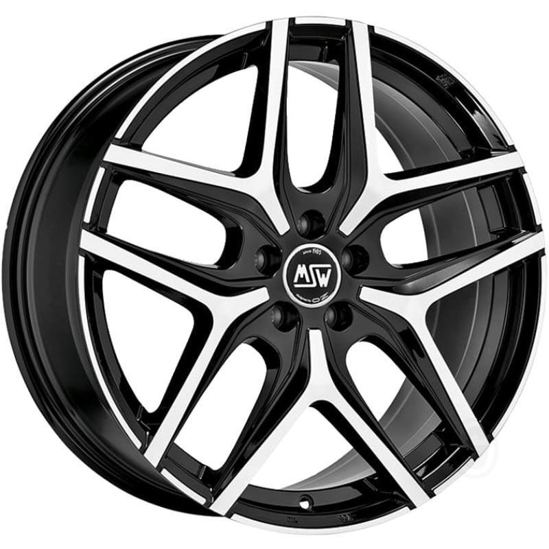 Gloss black alloy wheel set featuring a polished finish, 20x8.5 inch size, ET45 offset, and 5x108 PCD, showcasing a modern, multi-spoke design with MSW branding.