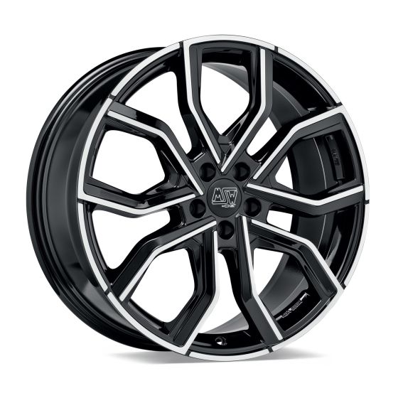 Gloss black alloy wheel featuring a polished silver rim, 8 spokes, and a 20x8.5 inch size with an ET30 offset and 5x114.3 PCD, sold as a set of four.
