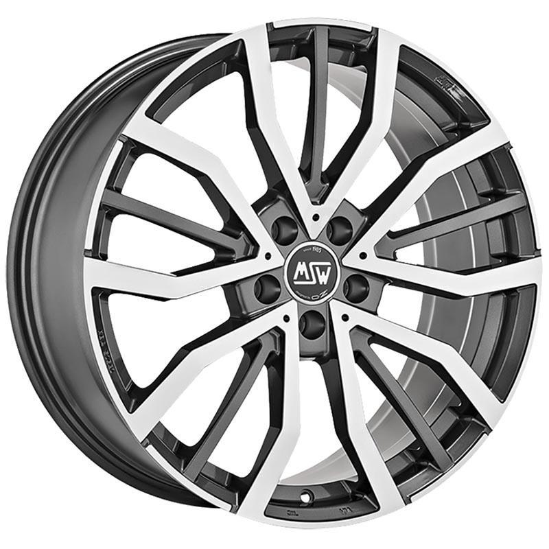 Gloss gunmetal alloy wheel set by MSW, featuring a polished finish, 18x8 inch size, ET45 offset, and 5x120 PCD, with a sleek multi-spoke design and contrasting silver accents.