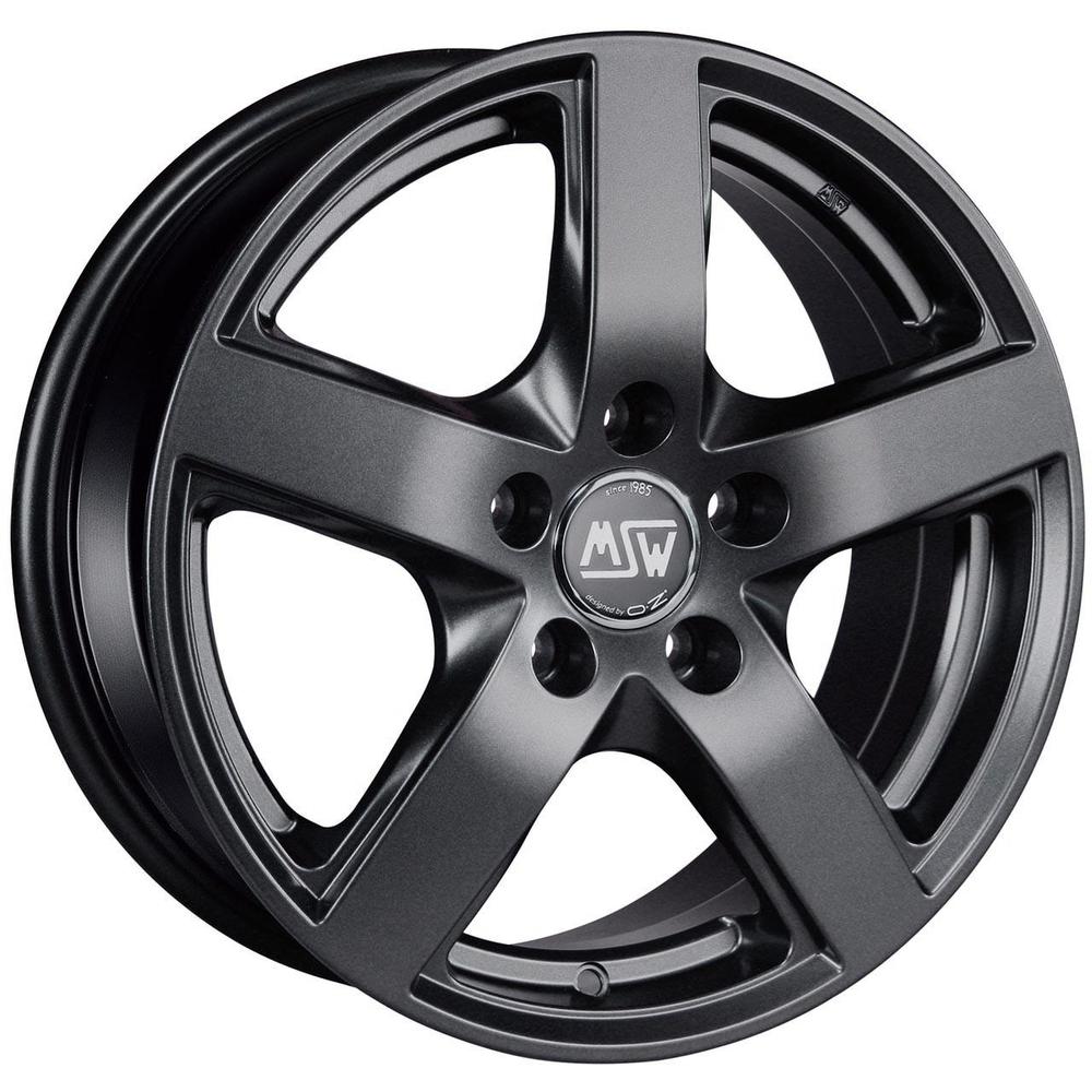 MSW 55 Alloy Wheel in Matt Dark Grey, 16x6.5 inches, features a 5-spoke design, ET50 offset, 5x112 PCD, and a 57.06mm centre bore, showcasing a sleek, modern finish.