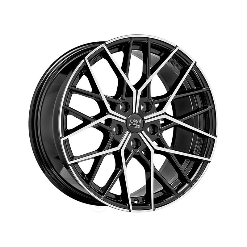 Gloss black alloy wheel with full polish finish, featuring a multi-spoke design, 20x9.5 inch size, ET35 offset, and 5x112 PCD, part of a set of four.