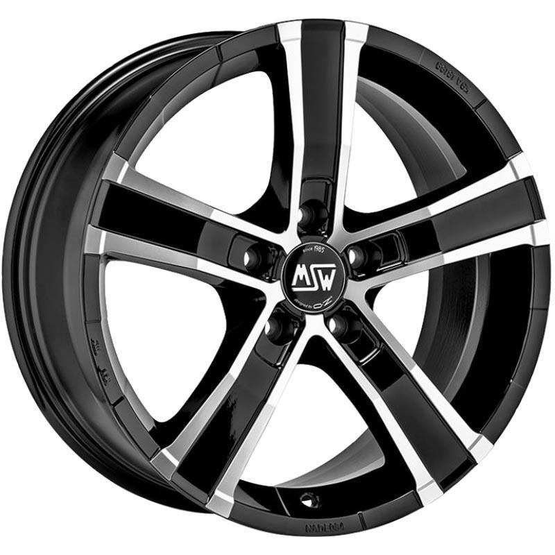 Gloss black alloy wheel set featuring a polished finish, 18x8 inch size, ET45 offset, 5x112 PCD, and a stylish design with five spokes and MSW branding.