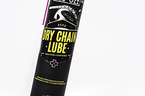 Black spray can of Muc-Off Motorcycle Dry Chain Lube, featuring bright yellow text, a purple cap, and a graphic of a motorcycle chain, designed for high-performance lubrication.