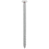 Silver Timco Multi Fix pan head concrete screw with sharp threads and flat top.