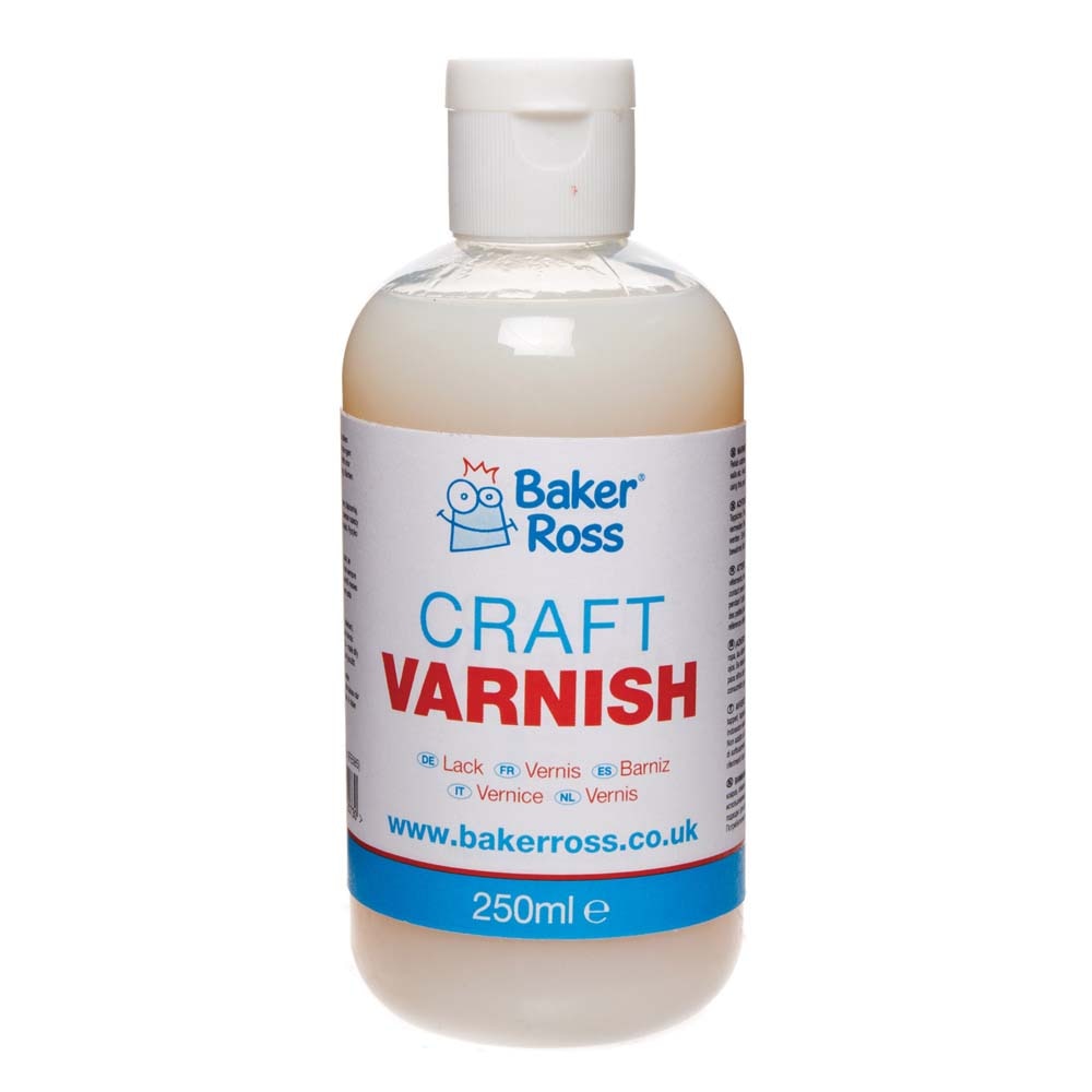 Clear plastic bottle of Baker Ross Multi-Purpose Acrylic Varnish, 250ml, featuring a glossy finish, with a white label displaying "Craft Varnish" in bold red letters.