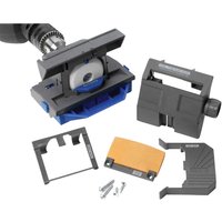 Black and blue Multi-Sharp 3001 tool sharpener with water cooling, adjustable guides, and sharpening stone.