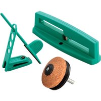 Green Multi-Sharp garden tool sharpening kit with guide, sharpening stone, and blade sharpener.