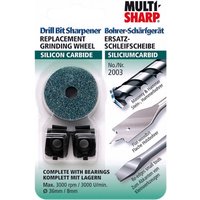 Multi-Sharp silicon carbide grinding wheel with blue-green texture for 2001 drill bit sharpener, includes bearings.