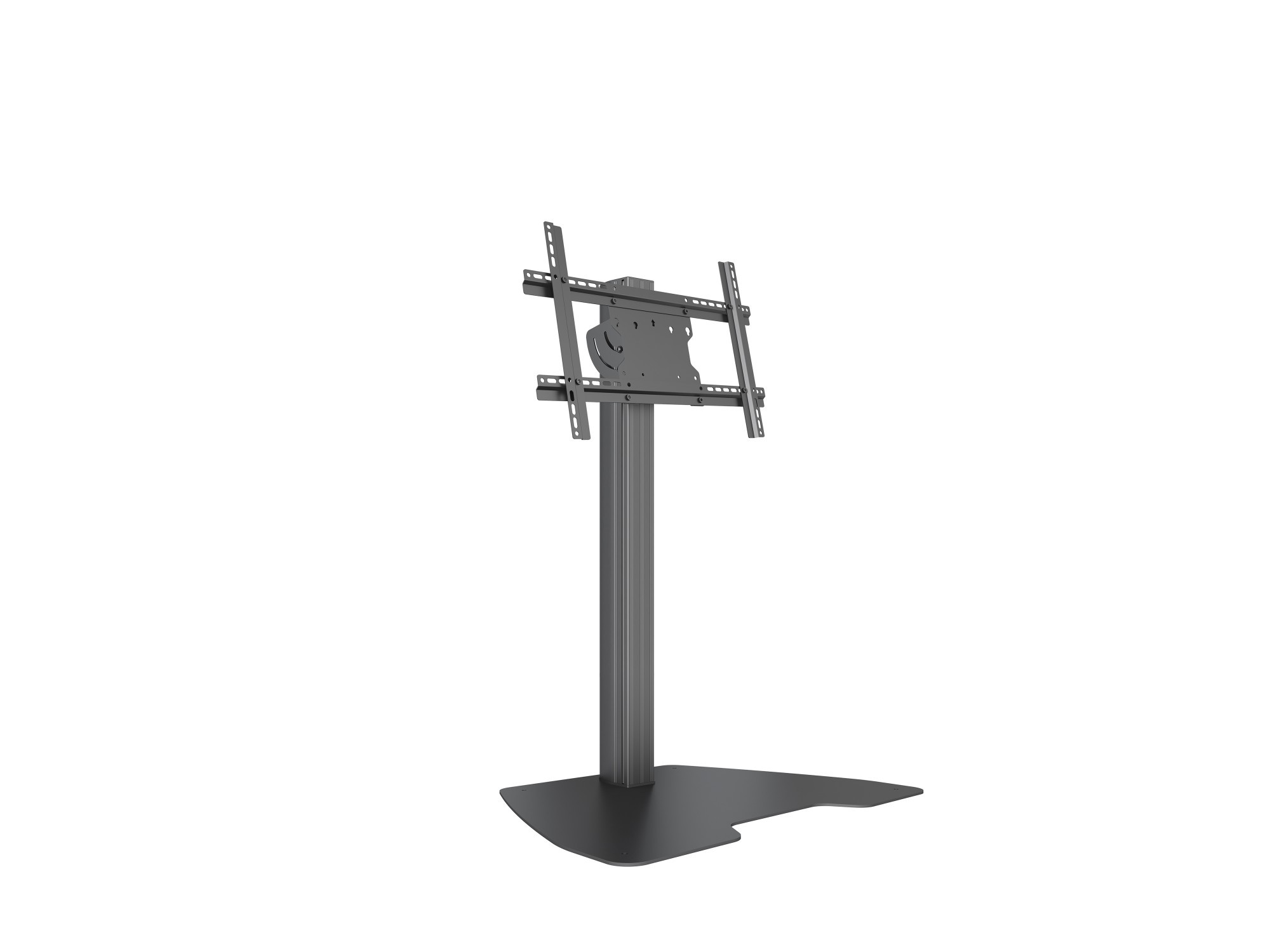 Black metal floor stand with a sturdy base and a vertical column, featuring a tiltable mount for a display, designed for versatile positioning.