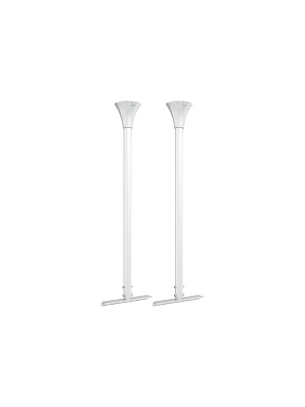 White floor-to-ceiling mounting kit featuring two sleek aluminum poles with a modern design, ideal for securing displays or screens.