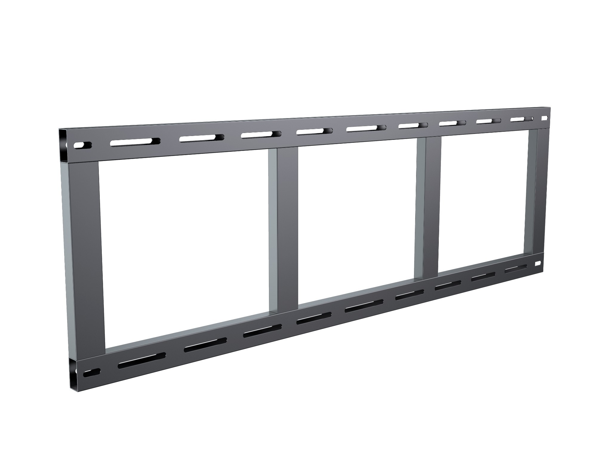 Black metal gable mount bracket with three rectangular openings, featuring multiple mounting holes for flexibility and support, designed for secure installation of displays.
