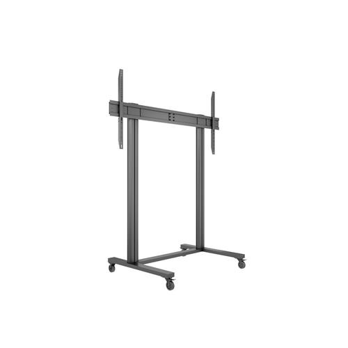 Black metal dual pillar display stand with wheels, designed for public use, supports up to 150kg, featuring adjustable mounting brackets for screens.