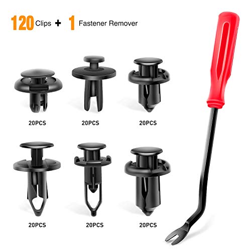 120 black plastic car retainer clips in various sizes (6.3mm, 8mm, 9mm, 10mm) alongside a red-handled metal fastener remover tool.
