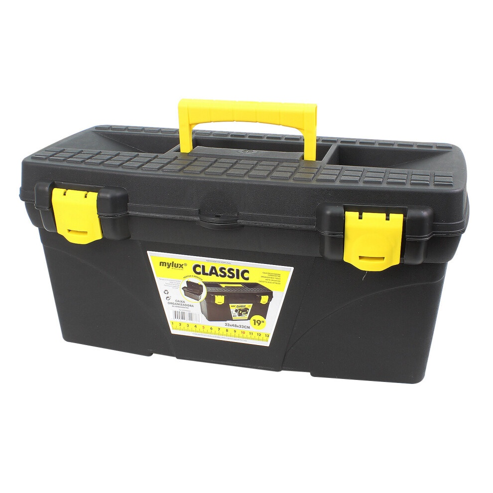 Black heavy-duty tool box with a yellow handle and latches, featuring a storage tray and a label on the front, designed for organizing tools and DIY supplies.
