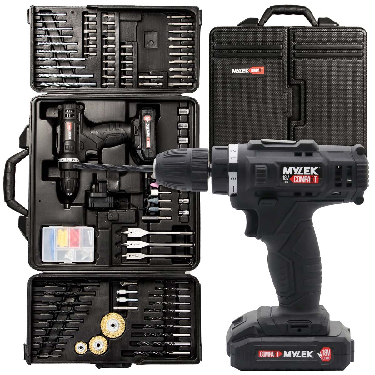 Black Mylek 18V cordless drill driver with a textured grip, accompanied by a 151-piece accessory kit in a sturdy black carry case, featuring various drill bits and tools.