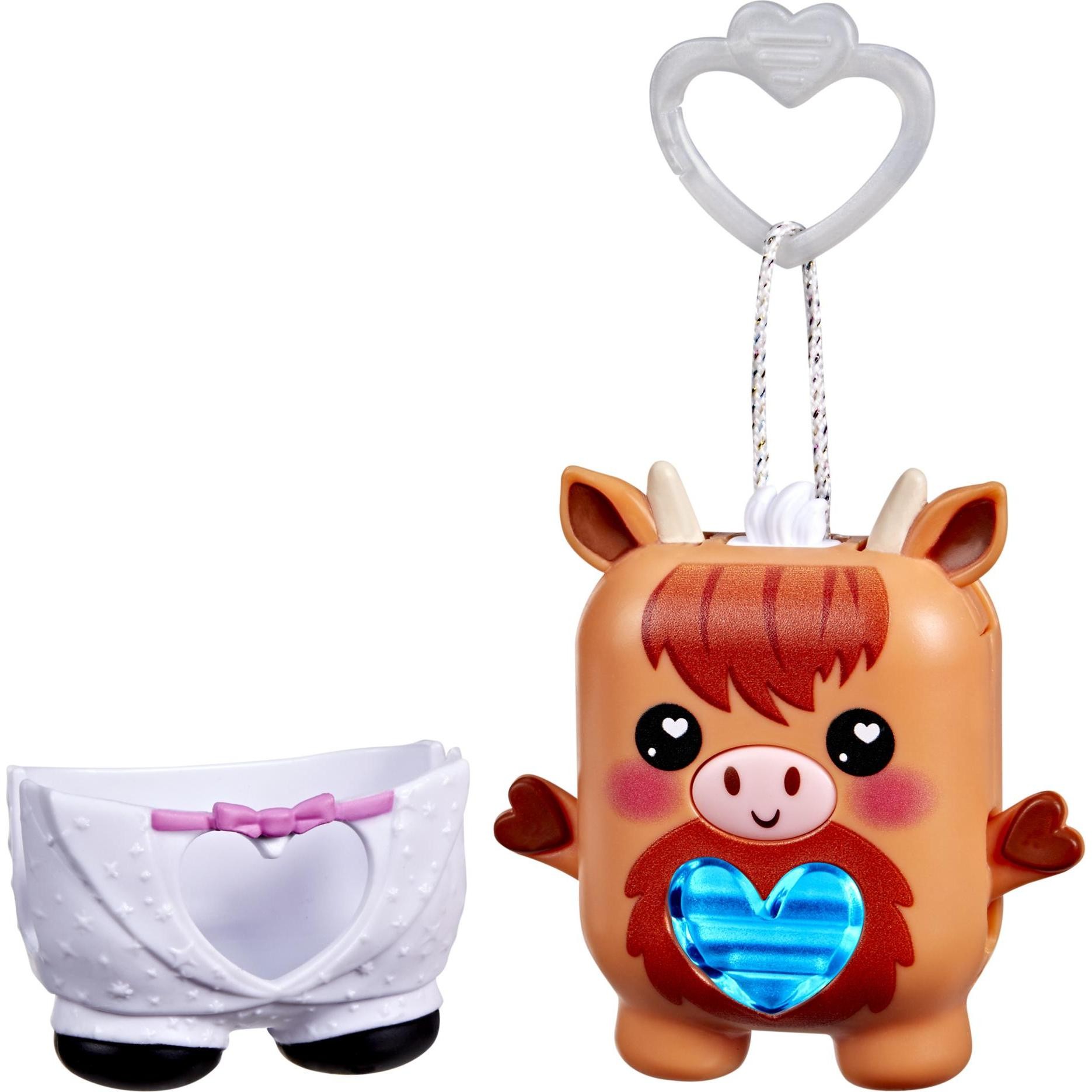 Cute orange electronic pet shaped like a cow with a heart-shaped blue light, featuring a removable white outfit with a heart cutout and a pink bow.