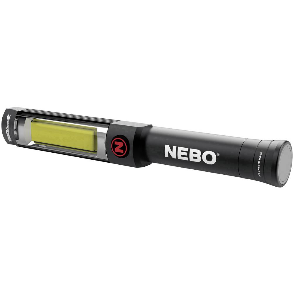 Black LED pen inspection flashlight with a magnetic base, featuring a yellow light panel and the NEBO logo prominently displayed on the side.