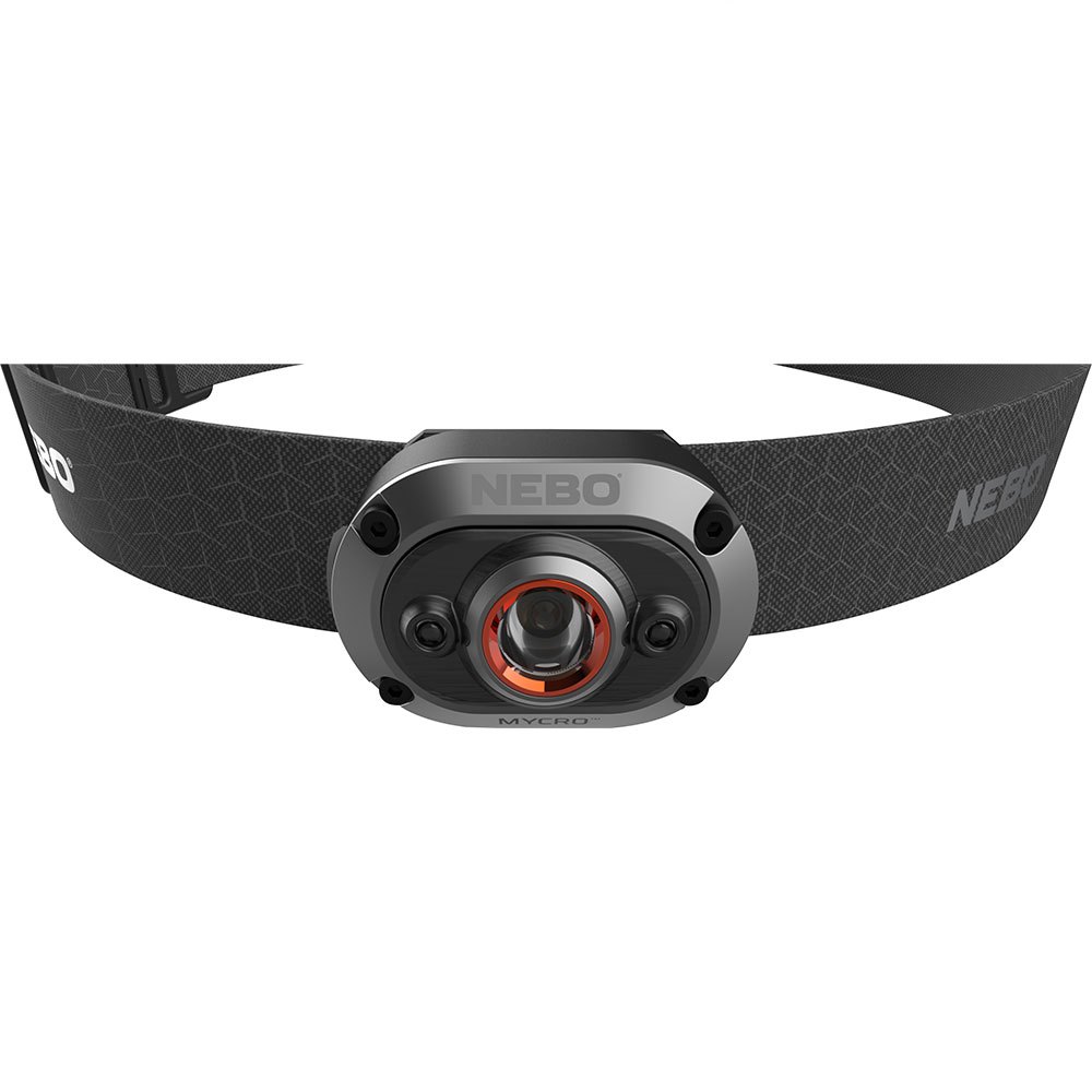 Compact black NEBO Mycro headlamp with a red accent ring, featuring a durable strap and a sleek, lightweight design for hands-free illumination.