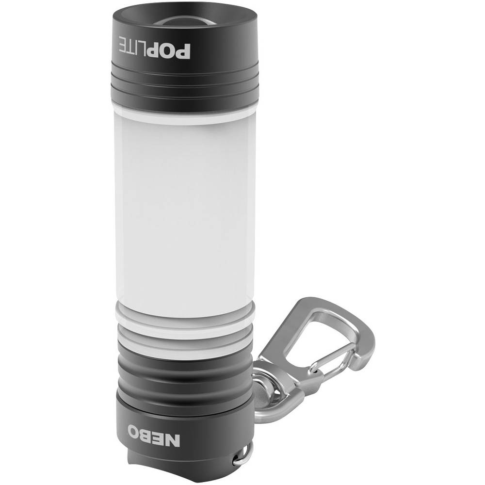 Compact grey flashlight with a white LED lens, featuring a sturdy carabiner clip and a textured grip for easy handling, designed for portability and convenience.