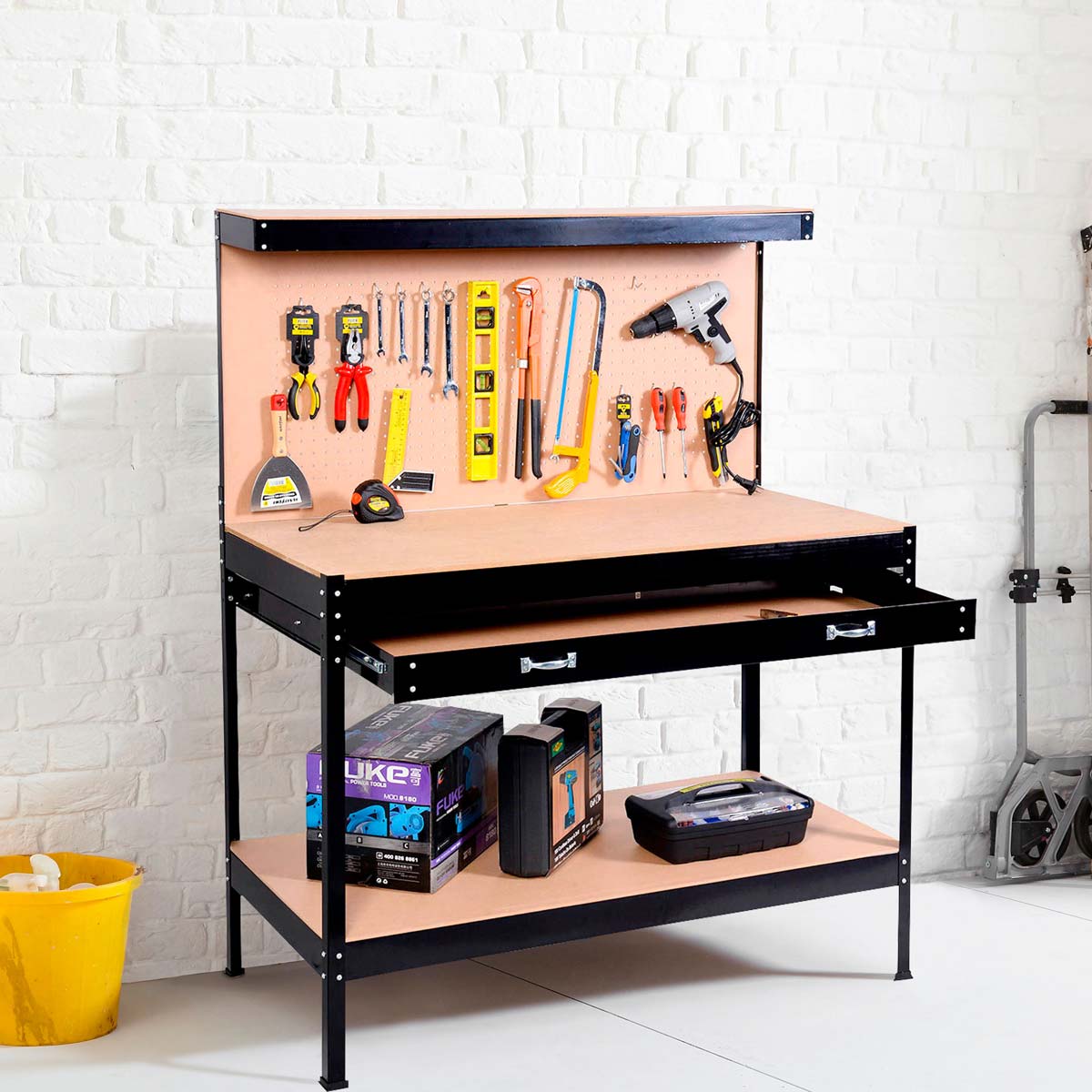 Black Neo workbench featuring a heavy-duty steel pegboard with various tools, a wooden work surface, a drawer, and a lower shelf for storage.