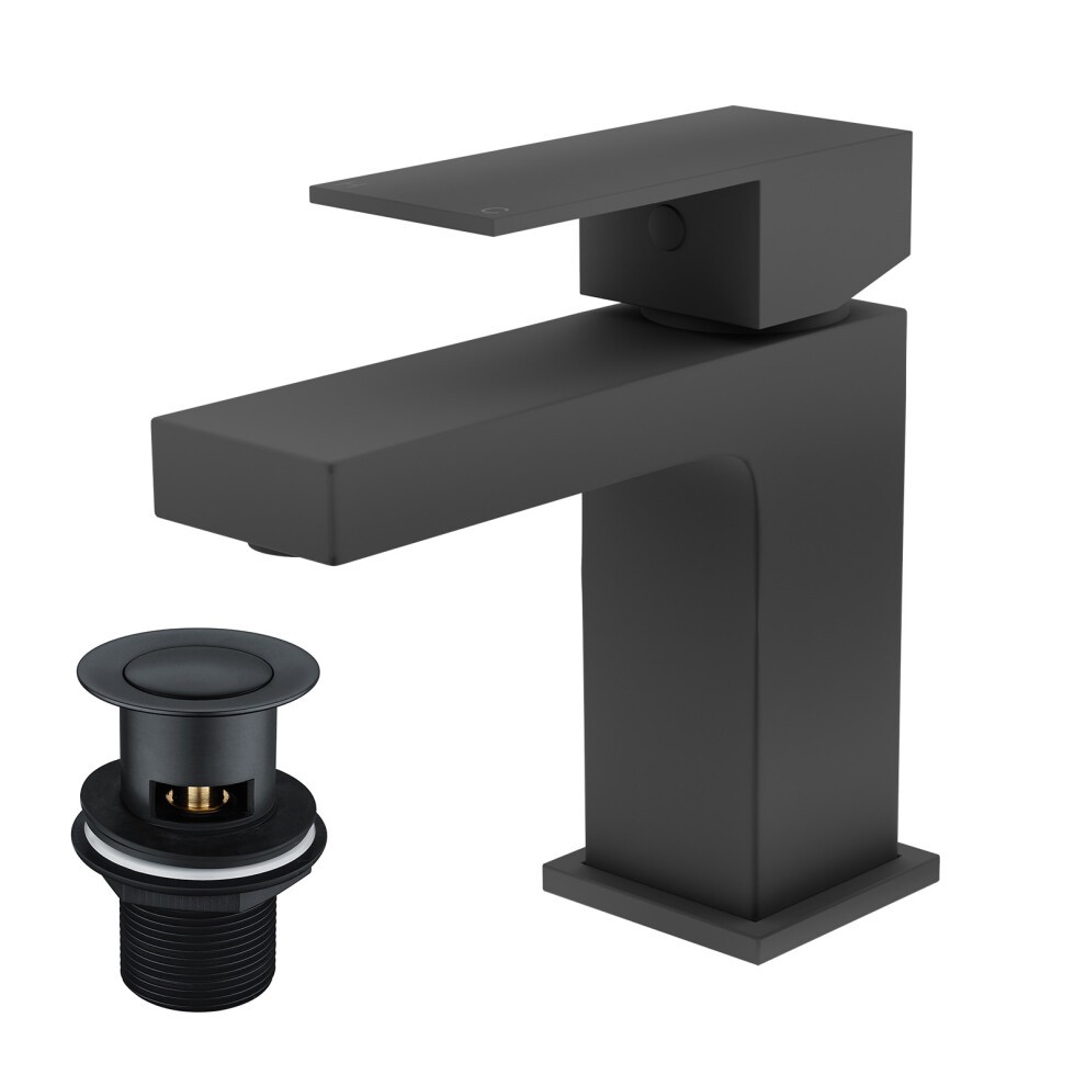 Matte black square basin mono mixer tap with a sleek, modern design and a matching waste fitting, featuring a flat spout and angular handle for a contemporary look.