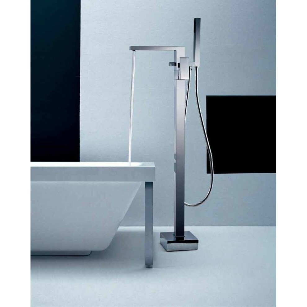 Brayton Square freestanding bath shower mixer and basin sink mixer tap in polished chrome, featuring a sleek, modern design with a square base and a flexible shower hose.