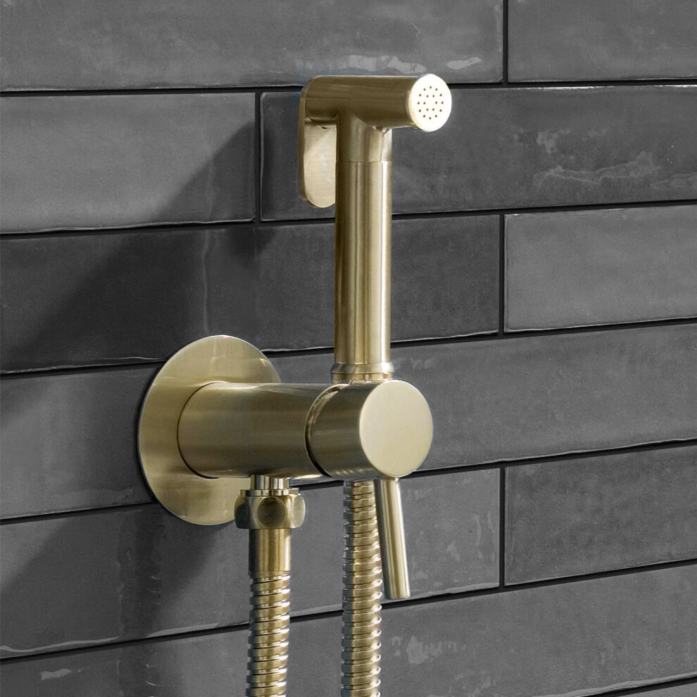 Modern round brushed brass bidet douche kit featuring a shut-off valve and flexible hose, mounted on a textured dark gray tiled wall.