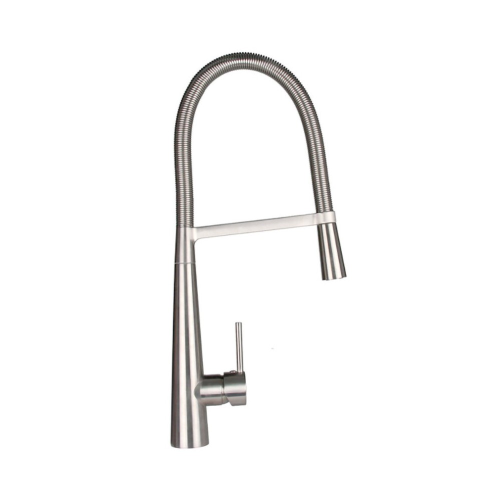 Modern stainless steel kitchen sink mixer tap with a pull-down spray and spring spout, featuring a single lever for easy control.