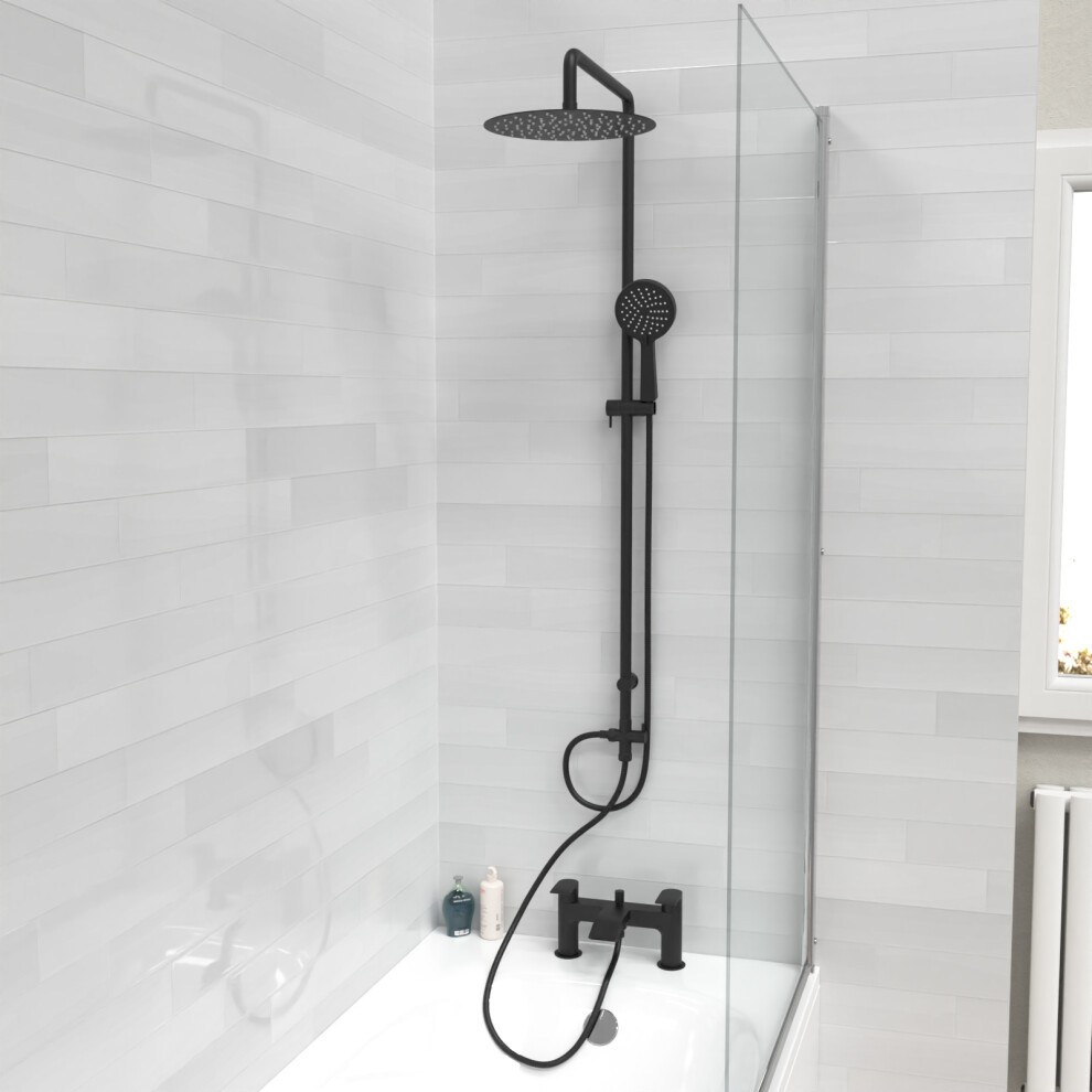 Matte black round shower riser rail kit featuring a mixer tap and handheld showerhead, set against light gray tiled walls and a glass shower enclosure.