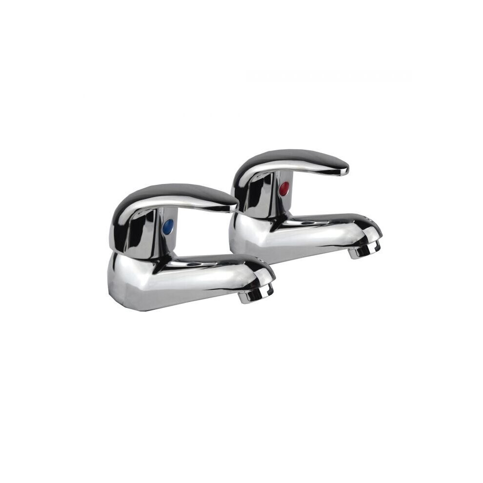 Shiny chrome basin taps with a sleek design, featuring separate hot and cold handles marked with red and blue indicators.