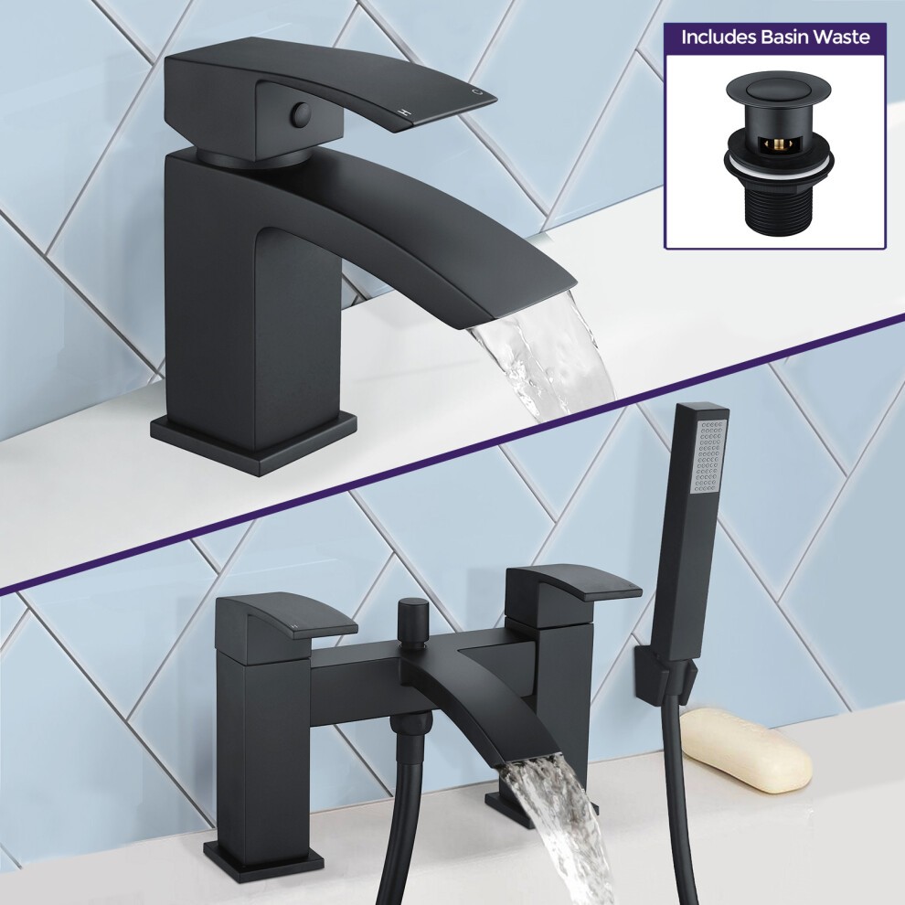 Matte black Seirra shower handset mixer and basin mixer tap with a sleek, modern design, featuring geometric shapes and flowing water, includes basin waste.