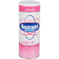 Neutradol Carpet Deodoriser, pink and white canister with blue logo and atomic design, labeled "Fresh Pink."