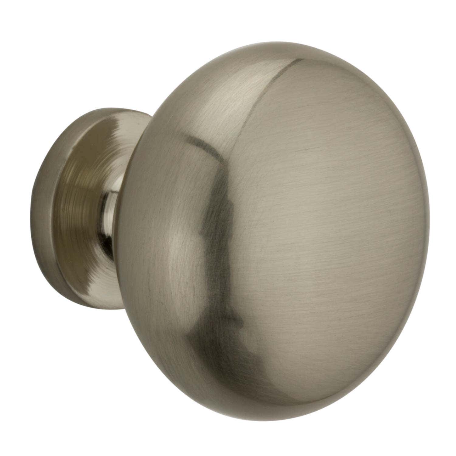 Satin nickel round cabinet/drawer knob with a smooth, shiny finish, measuring 30mm, showcasing a simple yet elegant design, sold in a pack of six.