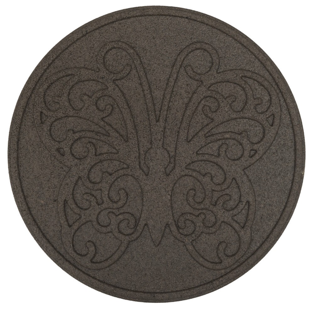 Round, dark brown stepping stone featuring an intricate butterfly design with swirling patterns, made of durable material, ideal for garden pathways.